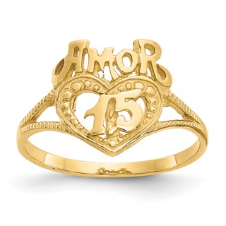 14K Quinceanera AMOR 15 Heart Ring