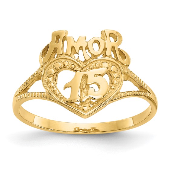 14K Quinceanera AMOR 15 Heart Ring