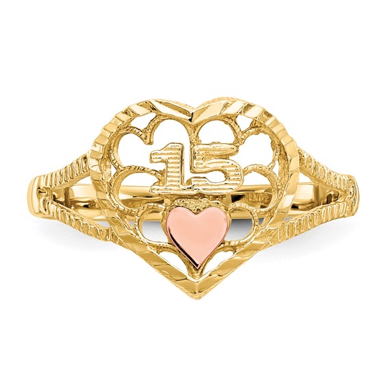 14K Two-tone Diamond-cut Quinceanera 15 in Heart Ring