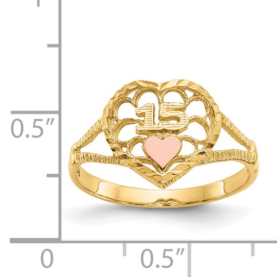 14K Two-tone Diamond-cut Quinceanera 15 in Heart Ring