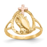 14K Two-tone Diamond Cut Praying Hands with Cross Ring view 1