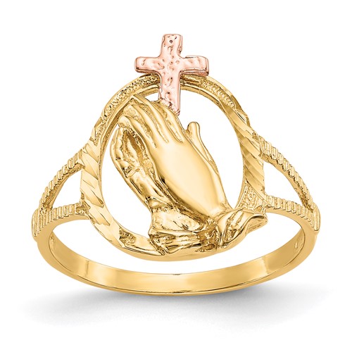 14K Two-tone Diamond Cut Praying Hands Ring with Cross