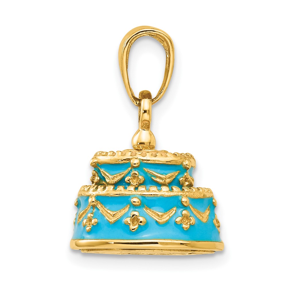 14K 3-D Aqua Blue Enameled HAPPY BIRTHDAY Cake Pendant (K4057)