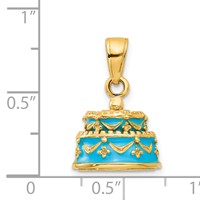 14K Yellow Gold 3-D Aqua Blue Enameled Happy Birthday Cake Pendant view 3