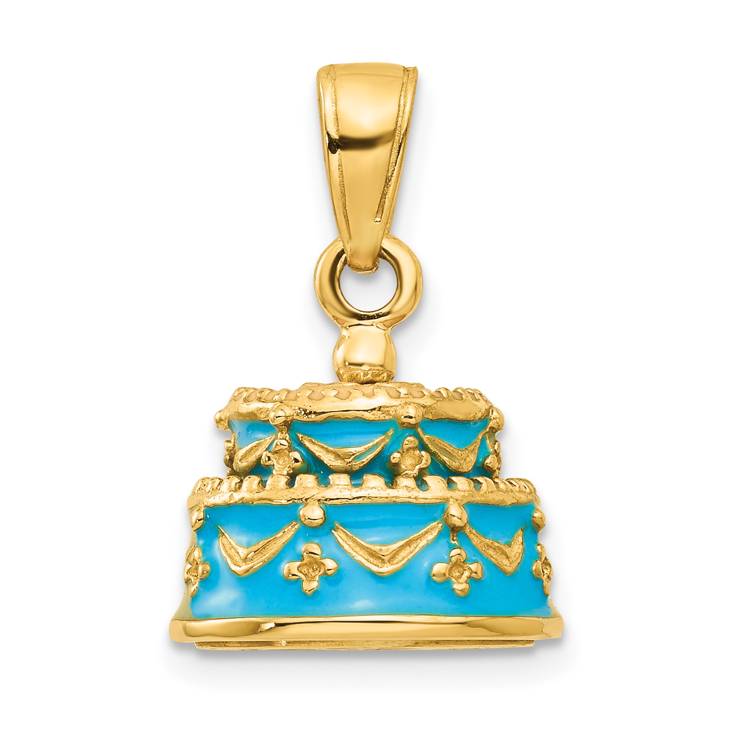 14K 3-D Aqua Blue Enameled HAPPY BIRTHDAY Cake Pendant (K4057)
