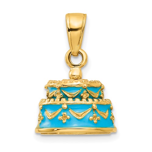 14K Yellow Gold 3-D Aqua Blue Enameled Happy Birthday Cake Pendant