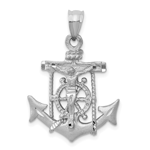 14K White Gold Satin Diamond-cut Mariners Crucifix Pendant