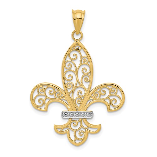 14K and Rhodium Filigree Fleur De Lis Pendant