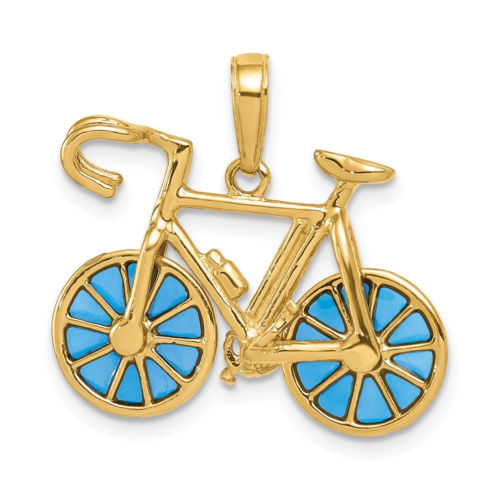 14K Yellow Gold 3-D Blue Enameled Bicycle Pendant with Moveable Wheels