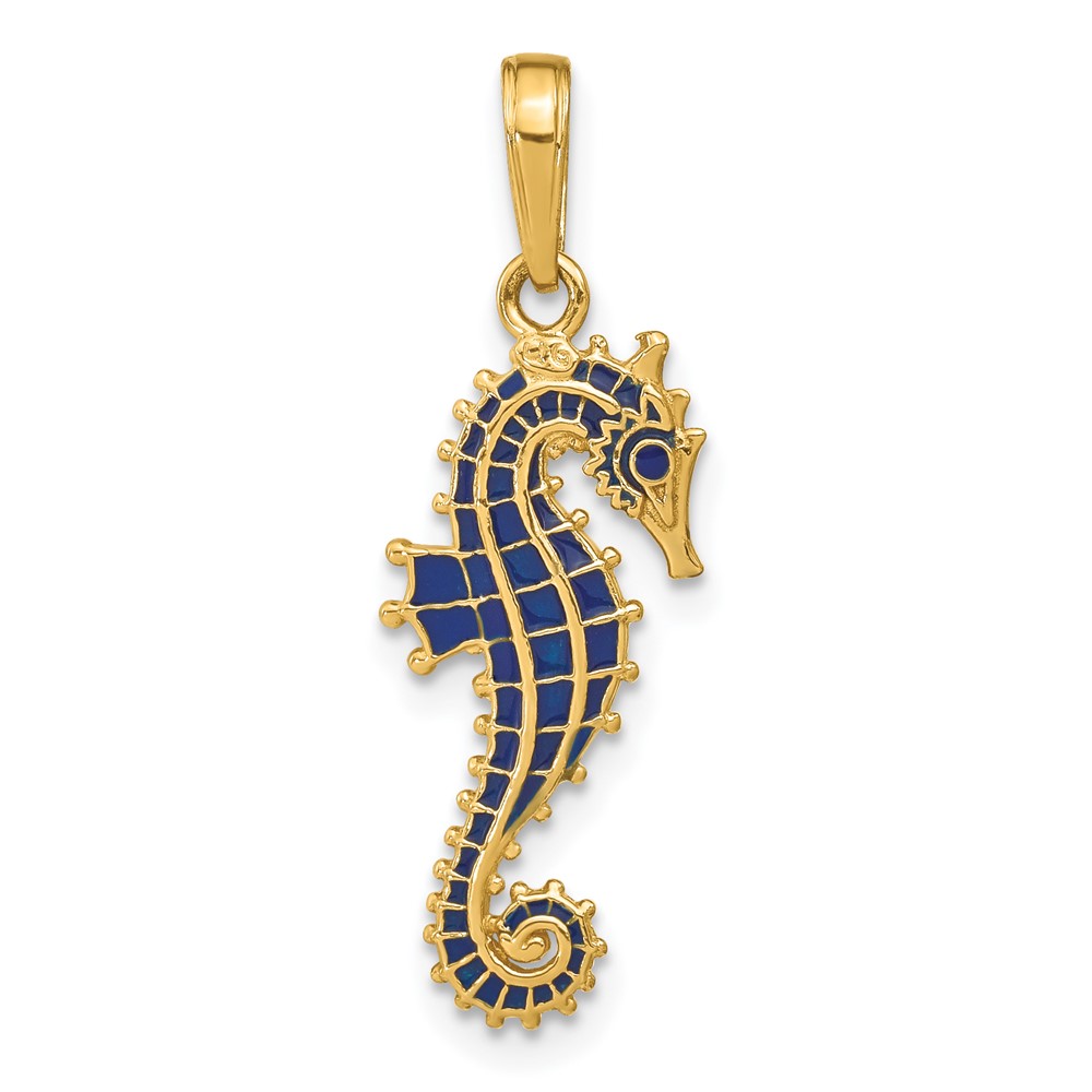 14K 3-D Blue Enameled Seahorse Pendant (K4181)
