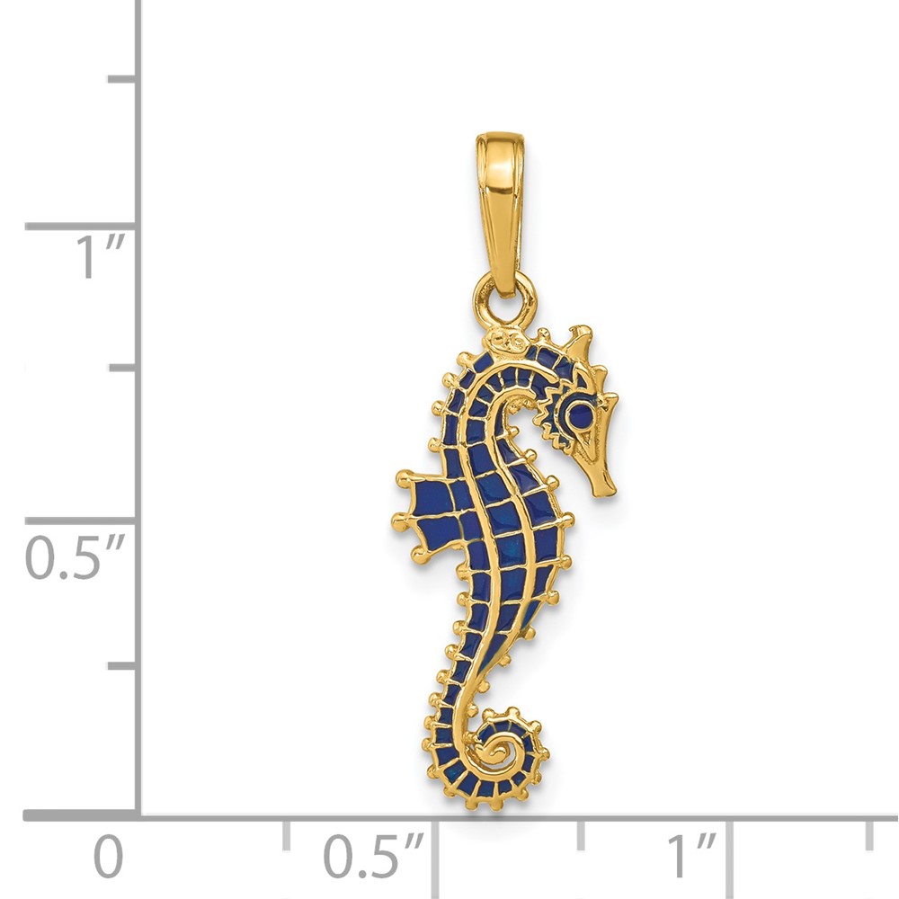 14K 3-D Blue Enameled Seahorse Pendant (K4181)