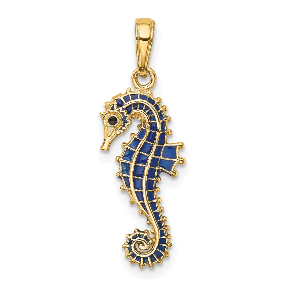 14K 3-D Blue Enameled Seahorse Pendant (K4181)