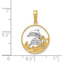 14K and White Rhodium Double Dolphins in Circle Pendant view 3