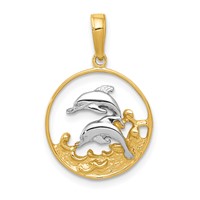 14K and White Rhodium Double Dolphins in Circle Pendant view 1