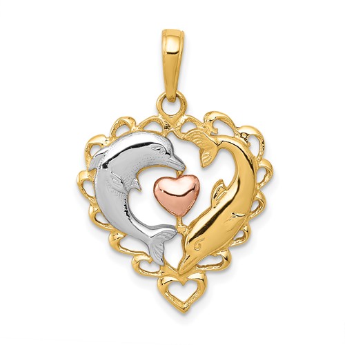 14K Two-Tone Pendant with White Rhodium Dolphins in Heart