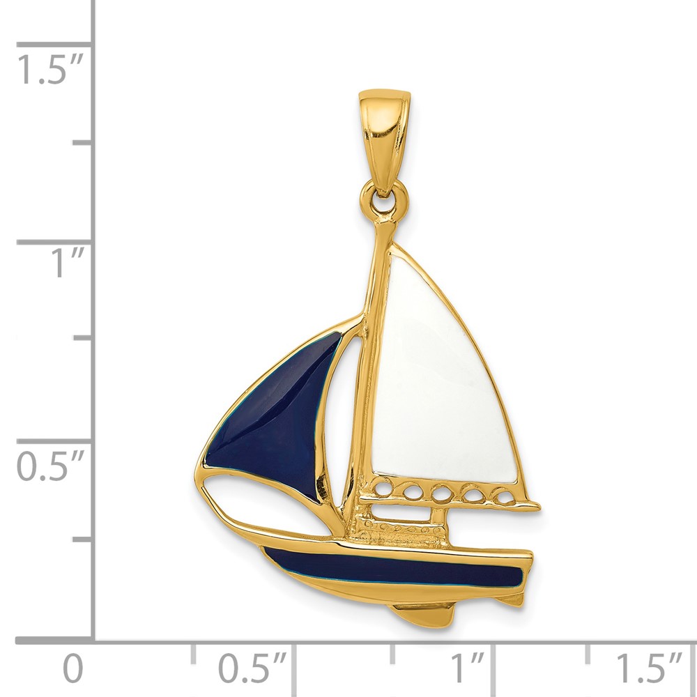 14K 2-D Blue and White Enameled Sailboat Pendant (K4199)