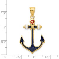 14K Yellow Gold 2-D Red White and Blue Enameled Anchor Pendant view 4