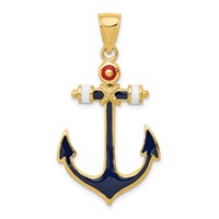 14K Yellow Gold 2-D Red White and Blue Enameled Anchor Pendant view 1