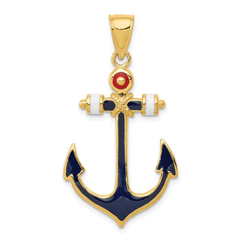 14K Yellow Gold 2-D Red White and Blue Enameled Anchor Pendant