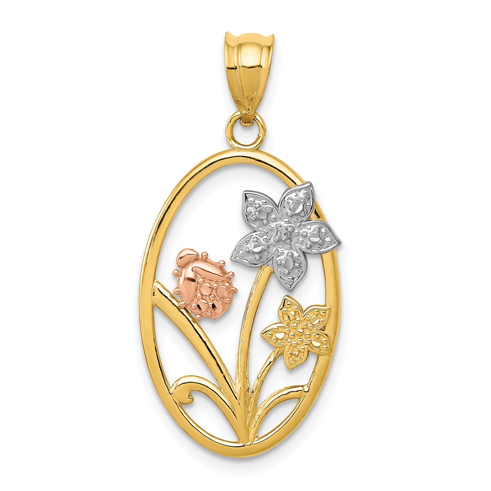 14K Two-tone Pendant with White Rhodium Diamond-cut Oval Floral