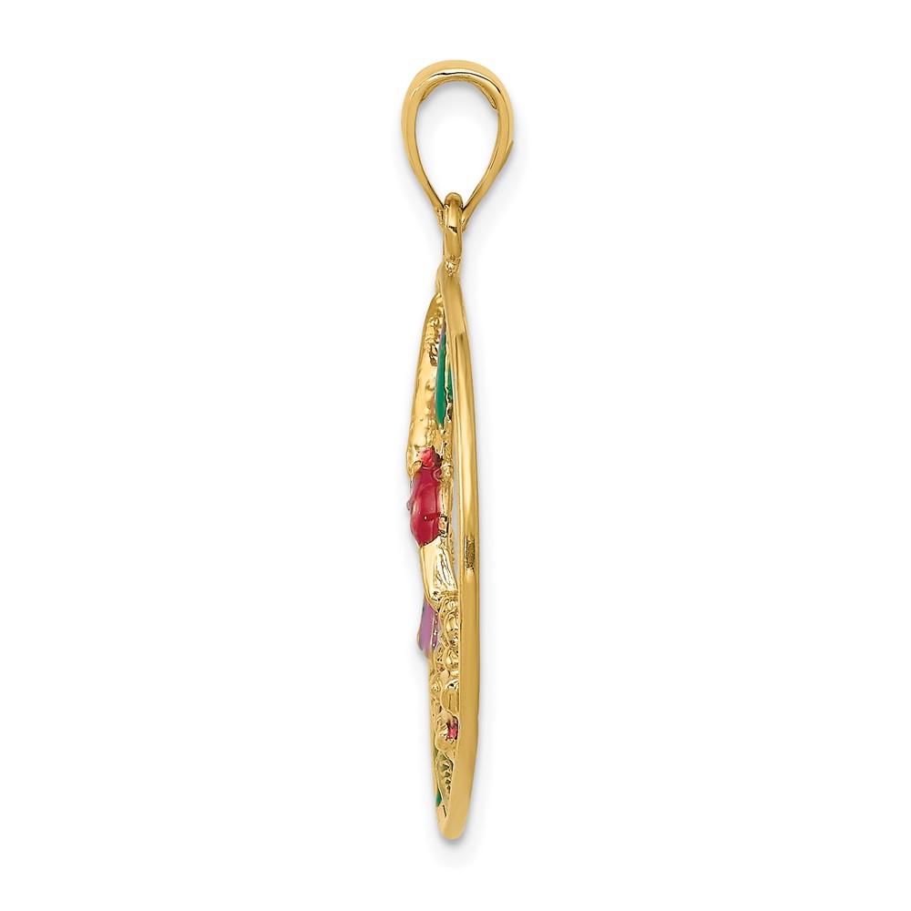 14K Enameled Hummingbird and Flower in Circle Pendant (K4221)