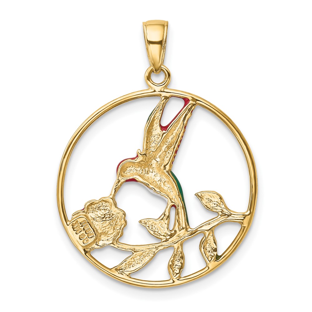 14K Enameled Hummingbird and Flower in Circle Pendant (K4221)