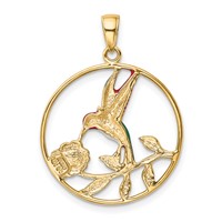 14K Yellow Gold Enameled Hummingbird and Flower in Circle Pendant view 3