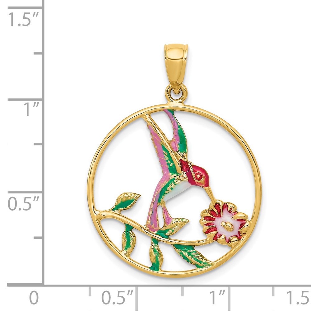 14K Enameled Hummingbird and Flower in Circle Pendant (K4221)