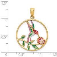 14K Yellow Gold Enameled Hummingbird and Flower in Circle Pendant view 4