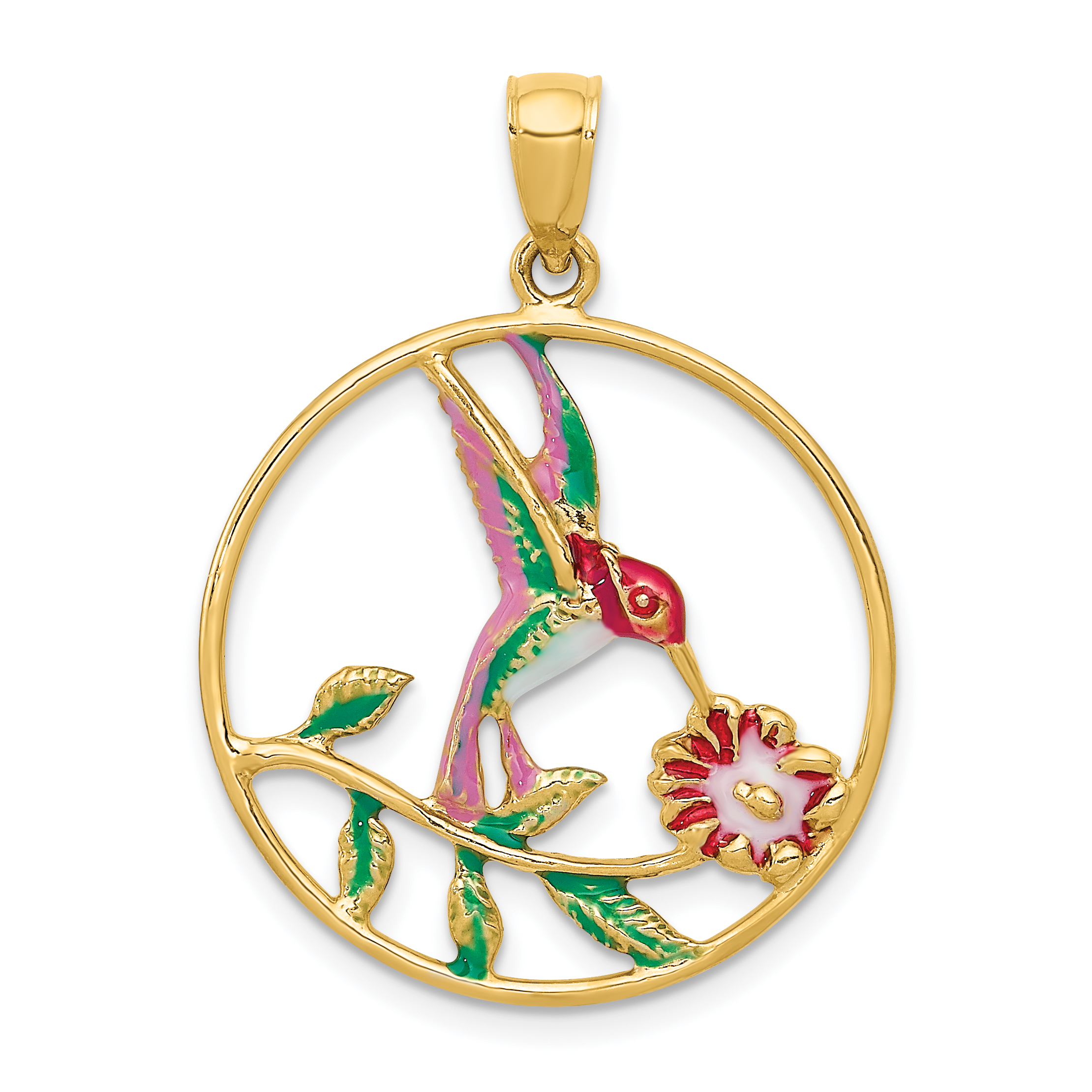 14K Enameled Hummingbird and Flower in Circle Pendant (K4221)