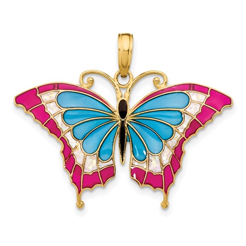 14K Yellow Gold Blue and Red Enameled Butterfly Pendant