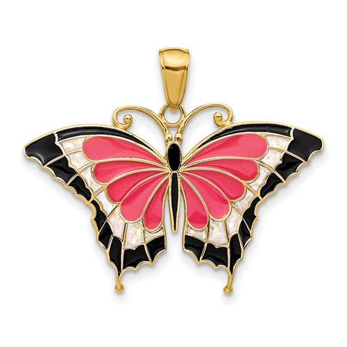 14K Yellow Gold Pink Enameled Butterfly Pendant