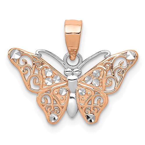 14K Rose Gold Pendant with White Rhodium Diamond-cut Butterfly