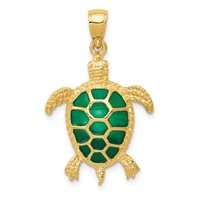 14K Yellow Gold Green Enameled Sea Turtle Pendant view 1