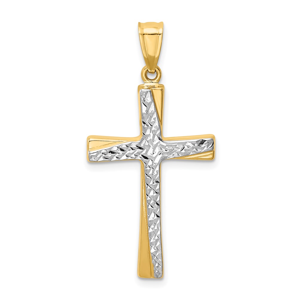 14K and White Rhodium Diamond-cut Cross Pendant