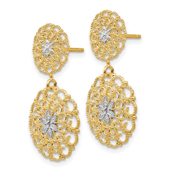 14K and White Rhodium Diamond-cut Filigree Medallion Drop Post Earrings