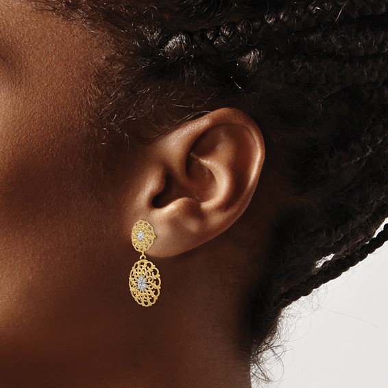 14K and White Rhodium Diamond-cut Filigree Medallion Drop Post Earrings