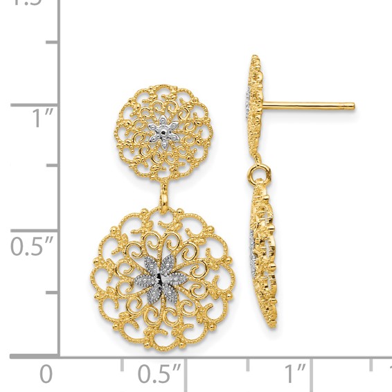 14K and White Rhodium Diamond-cut Filigree Medallion Drop Post Earrings