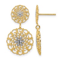 14K and White Rhodium Diamond-cut Filigree Medallion Drop Post Earrings view 1