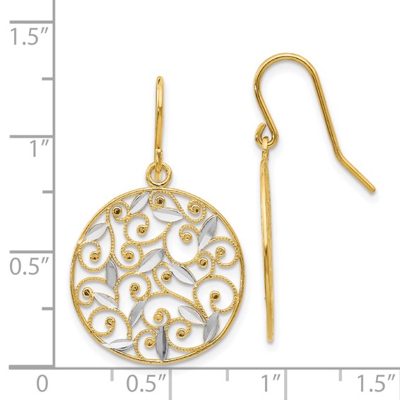 14K and White Rhodium Diamond-cut Filigree Circle Dangle French Hook Earrings