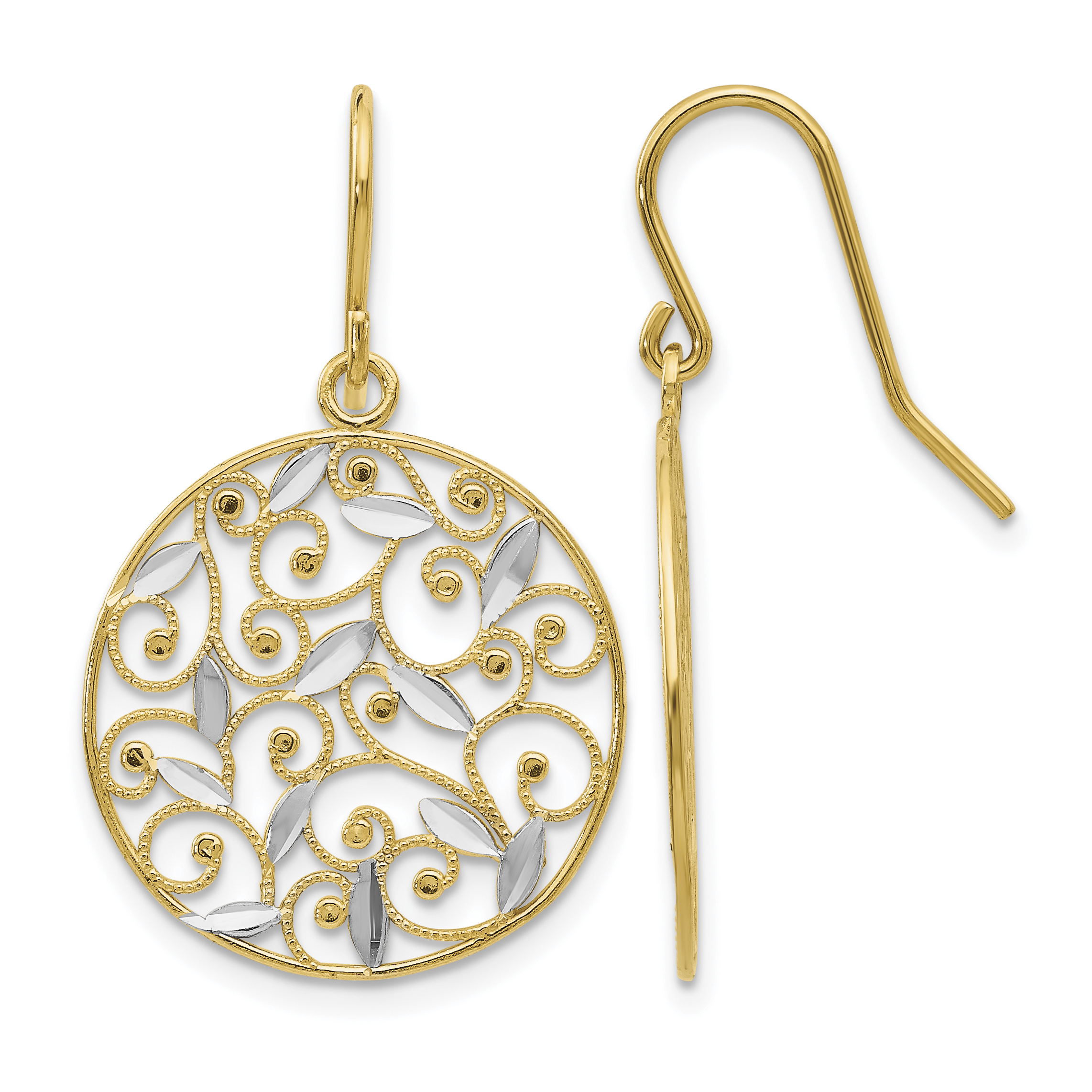 14K and Rhodium Diamond-cut Filigree Circle Wire Earrings (K4348)
