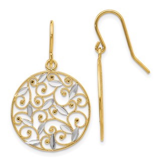 14K and White Rhodium Diamond-cut Filigree Circle Dangle French Hook Earrings