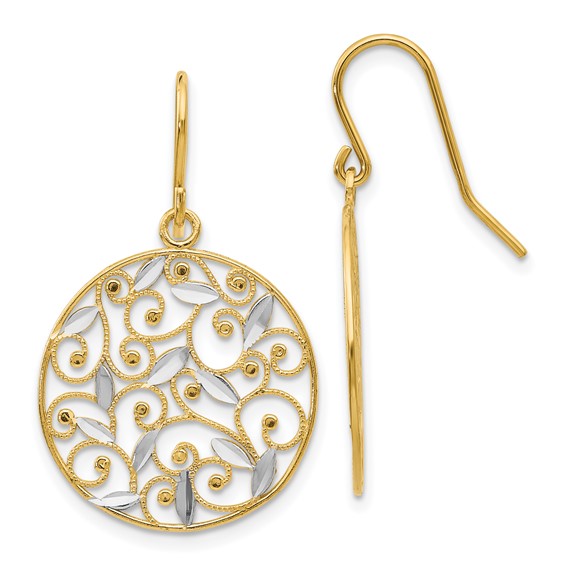 14K and White Rhodium Diamond-cut Filigree Circle Dangle French Hook Earrings