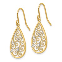 14K and White Rhodium Diamond-cut Filigree Teardrop Dangle French Hook Earrings view 2