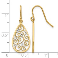 14K and White Rhodium Diamond-cut Filigree Teardrop Dangle French Hook Earrings view 4