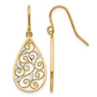 14K and White Rhodium Diamond-cut Filigree Teardrop Dangle French Hook Earrings view 1