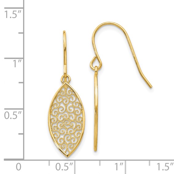 14k Fancy Filigree Pointed Oval Dangle French Hook Earrings