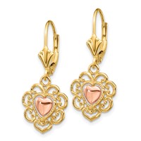 14K Two-tone Heart Earrings with Lace Trim Leverback view 2