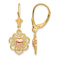 14K Two-tone Heart Earrings with Lace Trim Leverback view 1