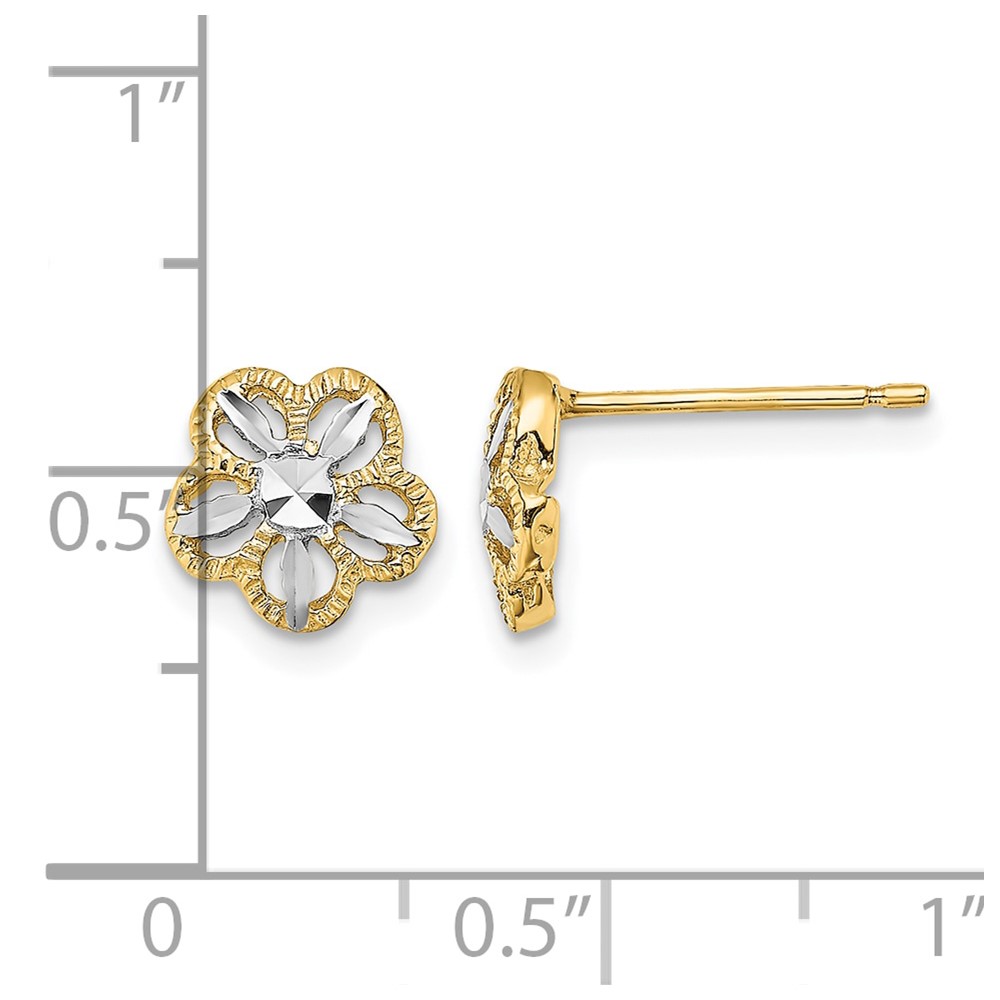 14K w/Rhodium Diamond-cut Flower Post Earrings (K4410)